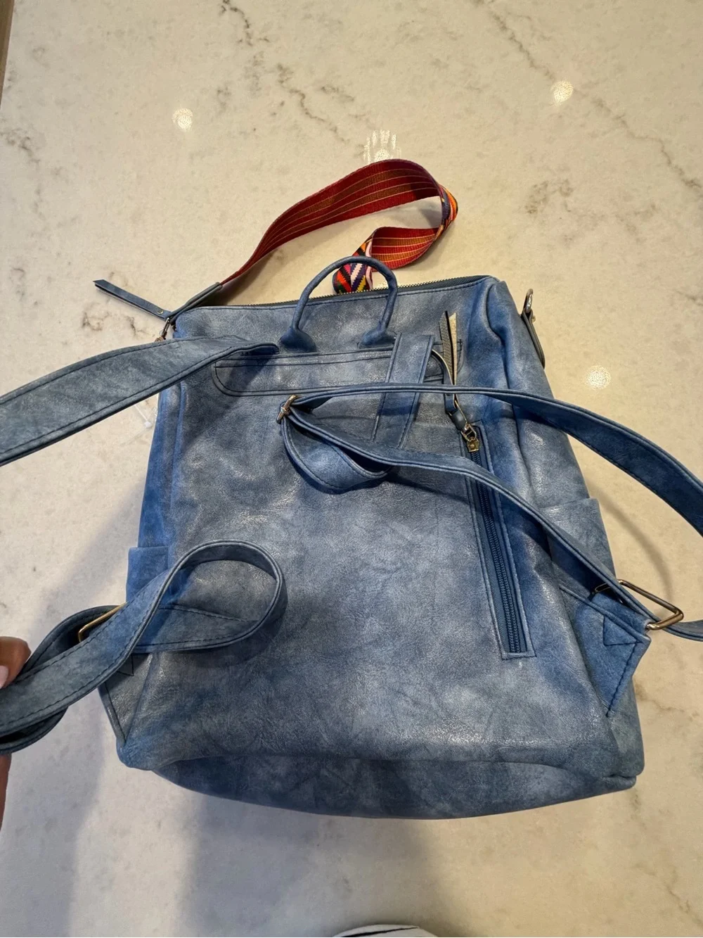 Dusty Blue heritage Vegan Leather Backpack with guitar  Colorful Strap